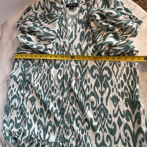 New Rachel Zoe Size XL Green White Dress Long Sleeve V-Neck Knee Length Tiered - Picture 9 of 11